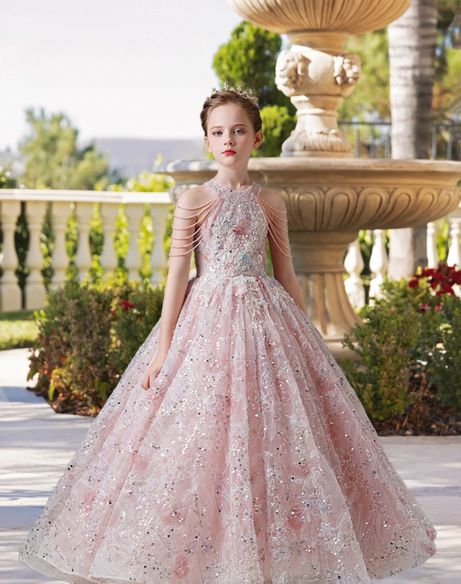 Halter Cold Shoulder Floor-Length Lace/Tulle/Sequins Ball Gown/Princess With Appliques/Beads Girls Gidiondress