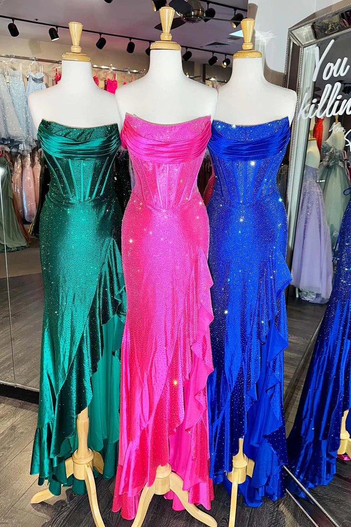 Fuchsia Off-the-Shoulder Tiered Long Prom Dress with Slit BabaMila