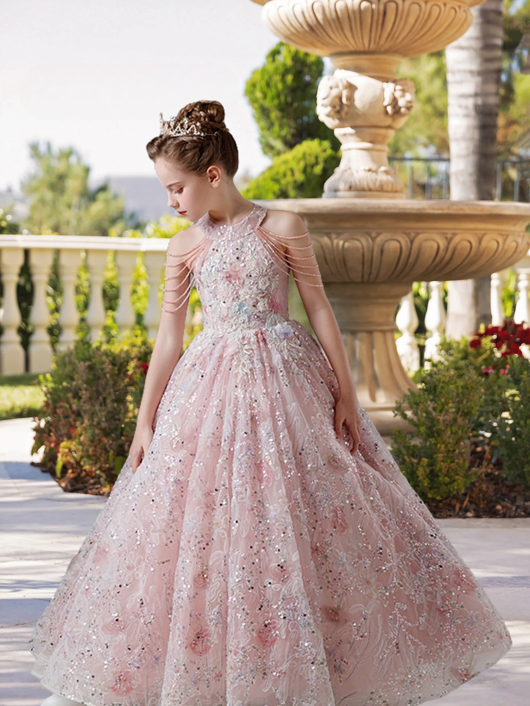 Halter Cold Shoulder Floor-Length Lace/Tulle/Sequins Ball Gown/Princess With Appliques/Beads Girls Gidiondress