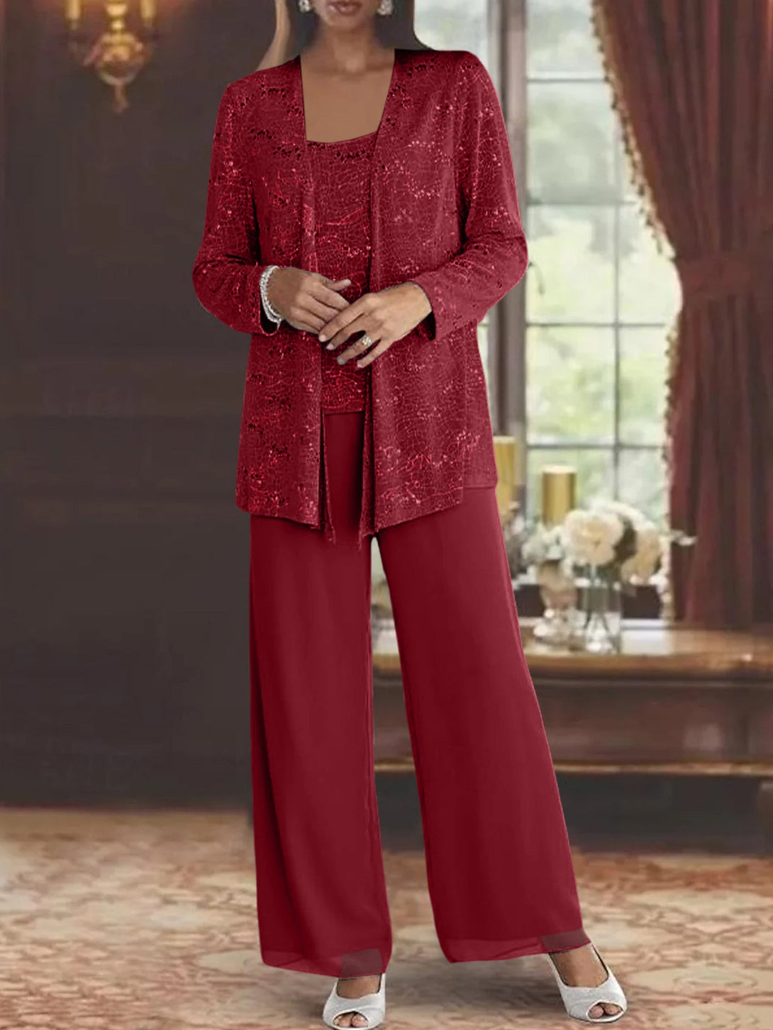 Chiffon Mother Of The Bride Pantsuits With Jacket & Sequins BabaMila