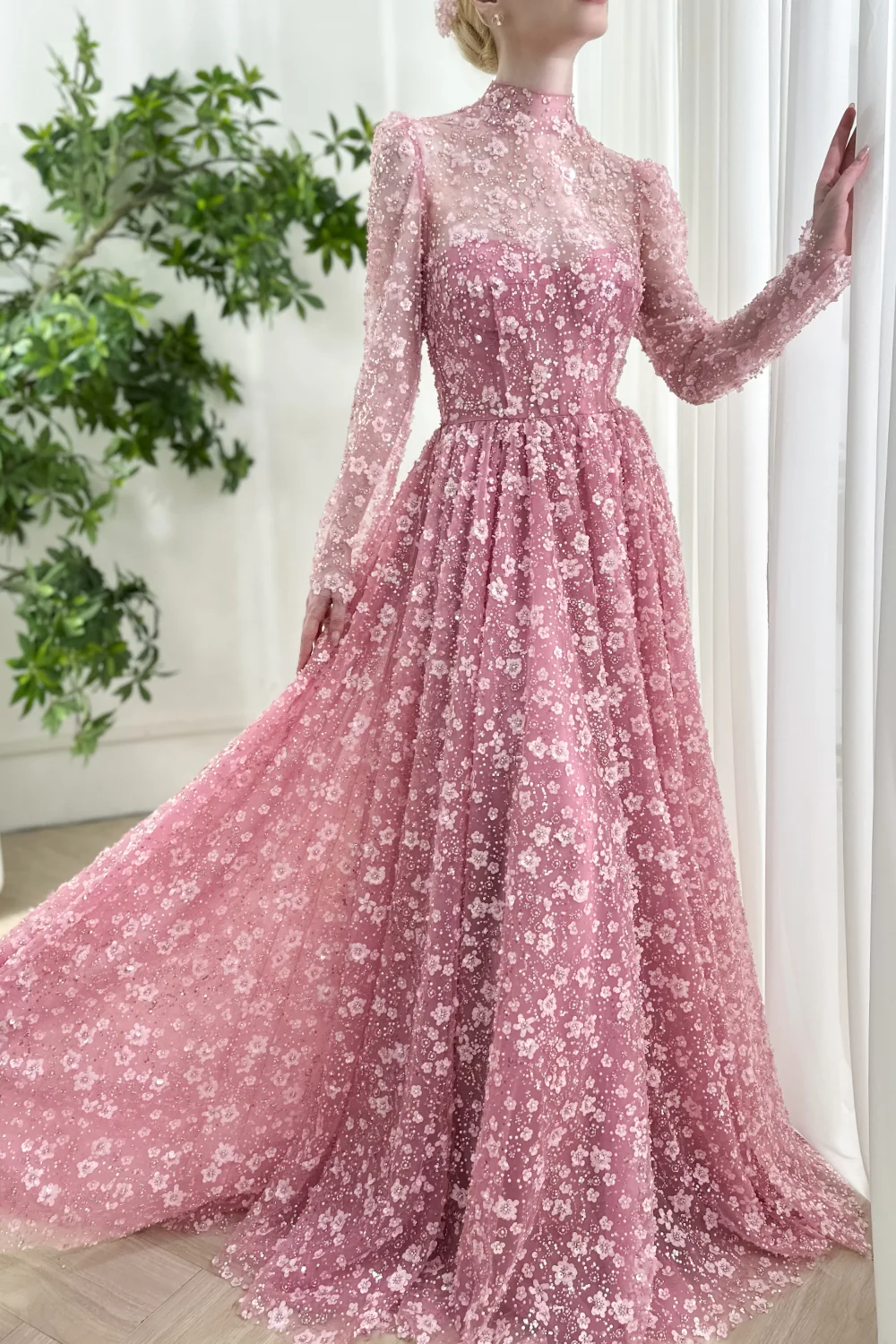 Romantic Pink Prom Dress High Neck Pink Floral Applique Tulle Gown Evening Party Dress BabaMila