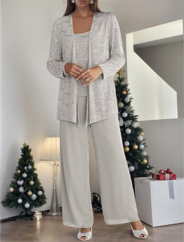 Chiffon Mother Of The Bride Pantsuits With Jacket & Sequins BabaMila