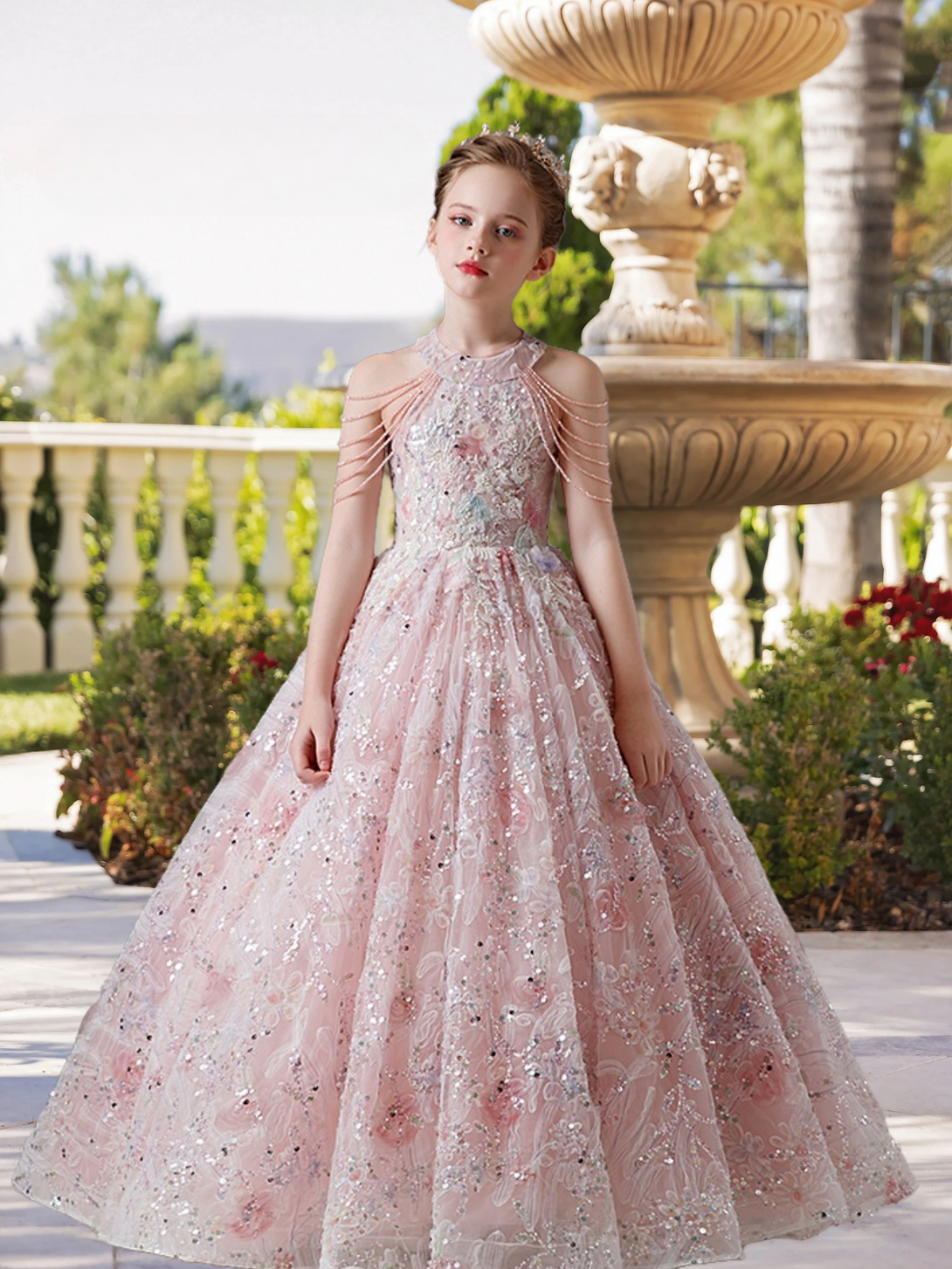 Halter Cold Shoulder Floor-Length Lace/Tulle/Sequins Ball Gown/Princess With Appliques/Beads Girls Gidiondress Pink 12M