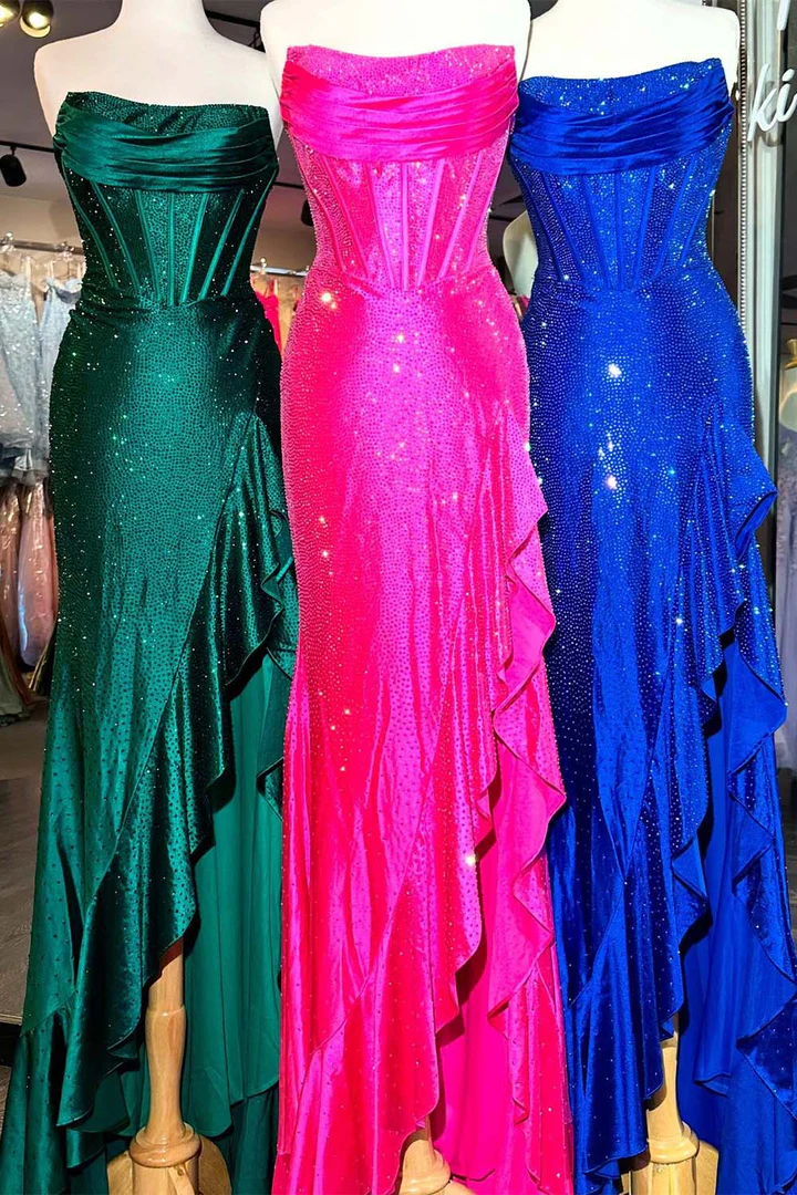 Fuchsia Off-the-Shoulder Tiered Long Prom Dress with Slit BabaMila