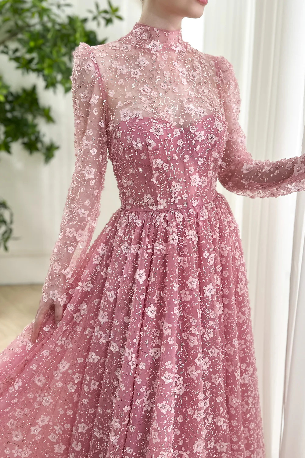 Romantic Pink Prom Dress High Neck Pink Floral Applique Tulle Gown Evening Party Dress BabaMila