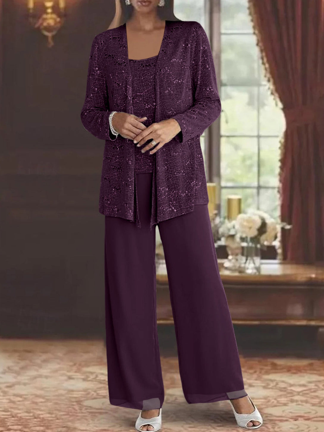 Chiffon Mother Of The Bride Pantsuits With Jacket & Sequins BabaMila