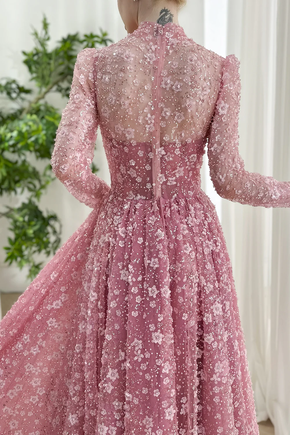 Romantic Pink Prom Dress High Neck Pink Floral Applique Tulle Gown Evening Party Dress BabaMila