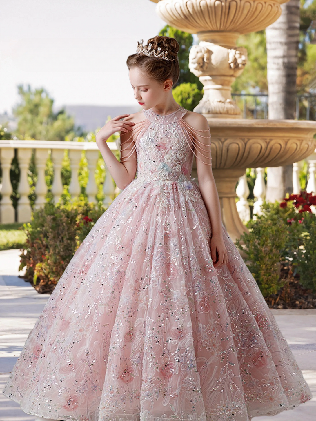 Halter Cold Shoulder Floor-Length Lace/Tulle/Sequins Ball Gown/Princess With Appliques/Beads Girls Gidiondress