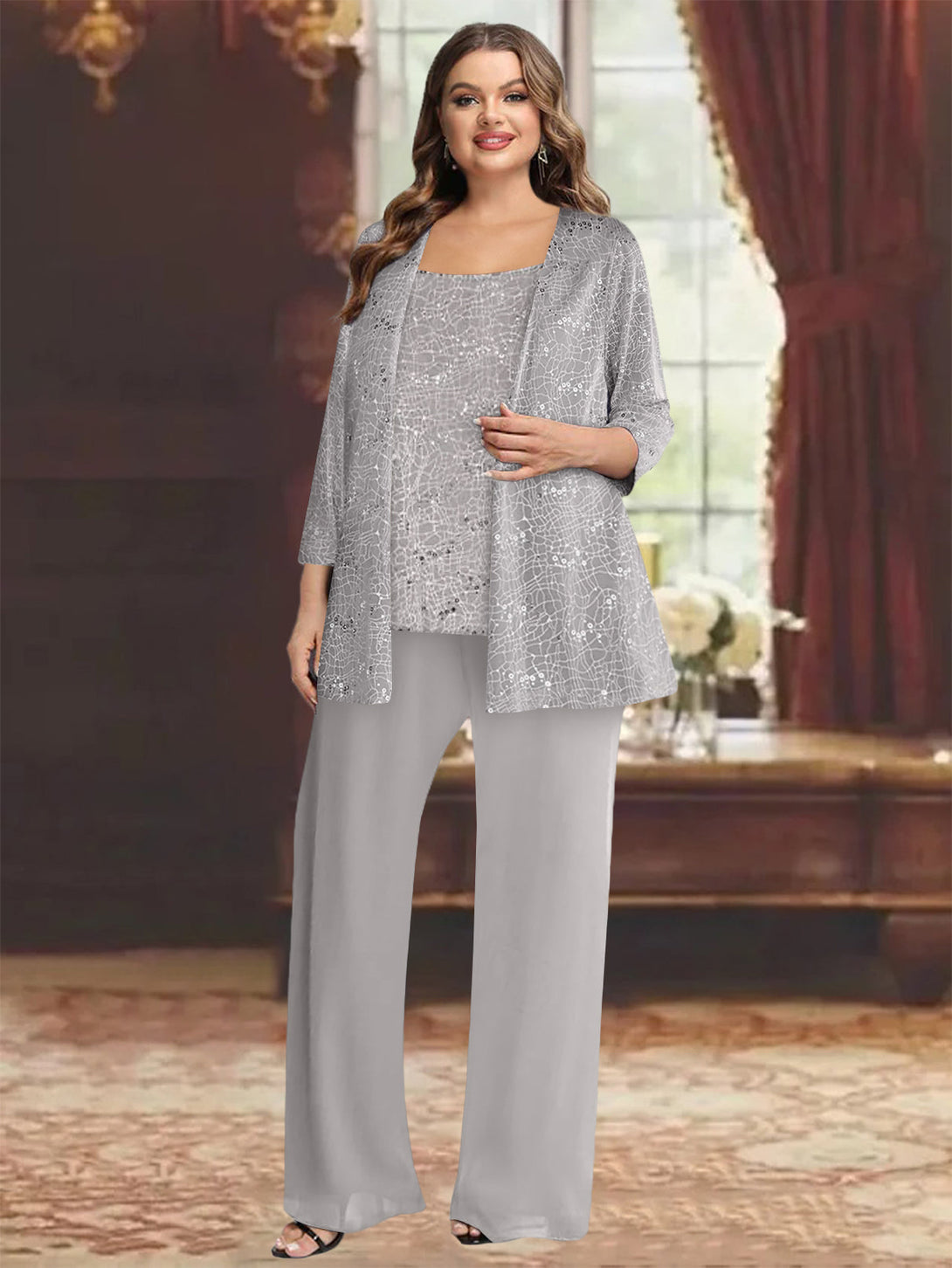 Chiffon Mother Of The Bride Pantsuits With Jacket & Sequins BabaMila