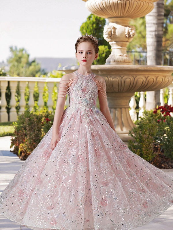 Halter Cold Shoulder Floor-Length Lace/Tulle/Sequins Ball Gown/Princess With Appliques/Beads Girls Gidiondress