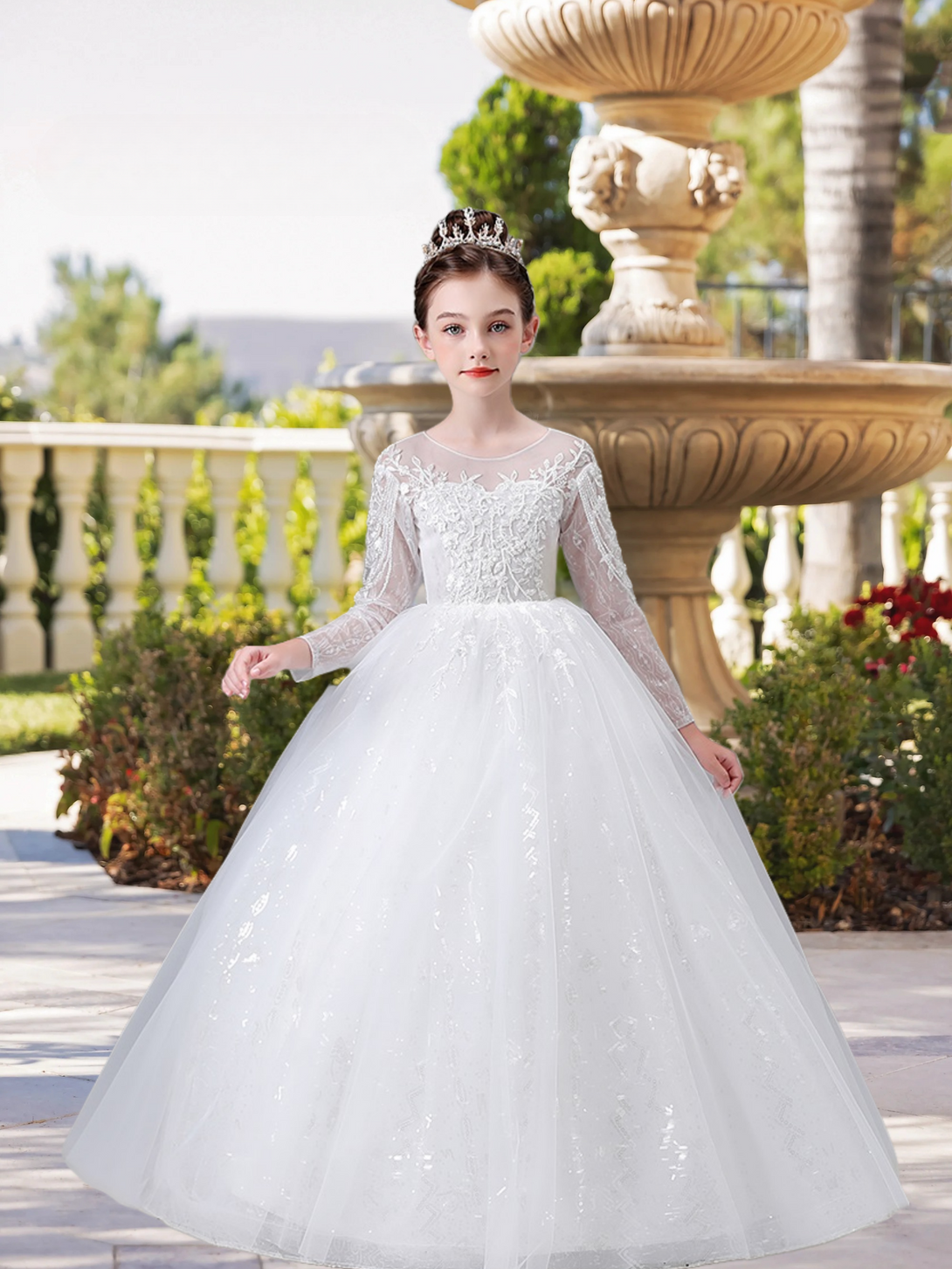 Exquisite Scoop Neck Long Sleeve Floor-Length Lace/Printed Tulle Flower Girl Dresses With Beads/Appliques Girls Gidiondress