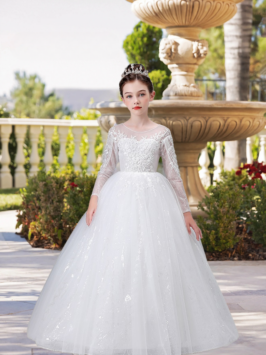 Exquisite Scoop Neck Long Sleeve Floor-Length Lace/Printed Tulle Flower Girl Dresses With Beads/Appliques Girls Gidiondress