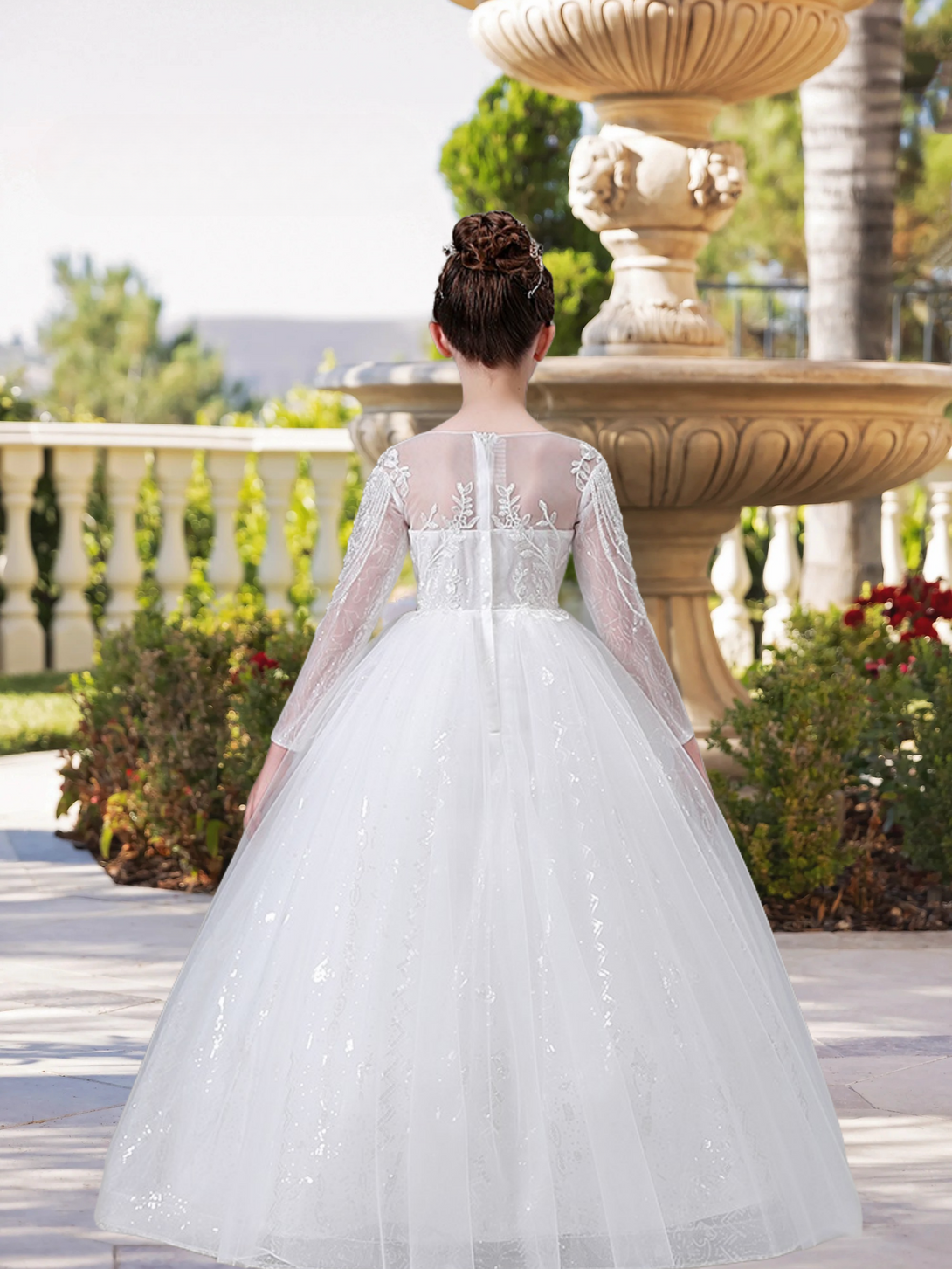 Exquisite Scoop Neck Long Sleeve Floor-Length Lace/Printed Tulle Flower Girl Dresses With Beads/Appliques Girls Gidiondress