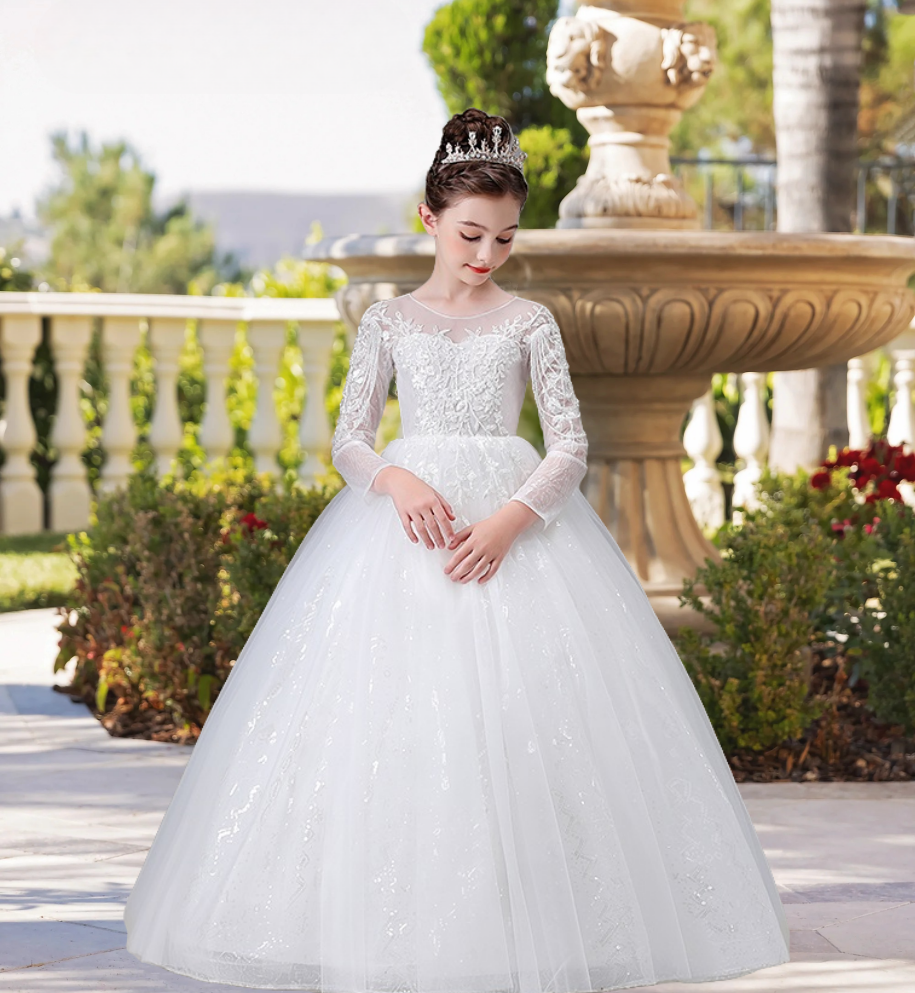 Exquisite Scoop Neck Long Sleeve Floor-Length Lace/Printed Tulle Flower Girl Dresses With Beads/Appliques Girls Gidiondress