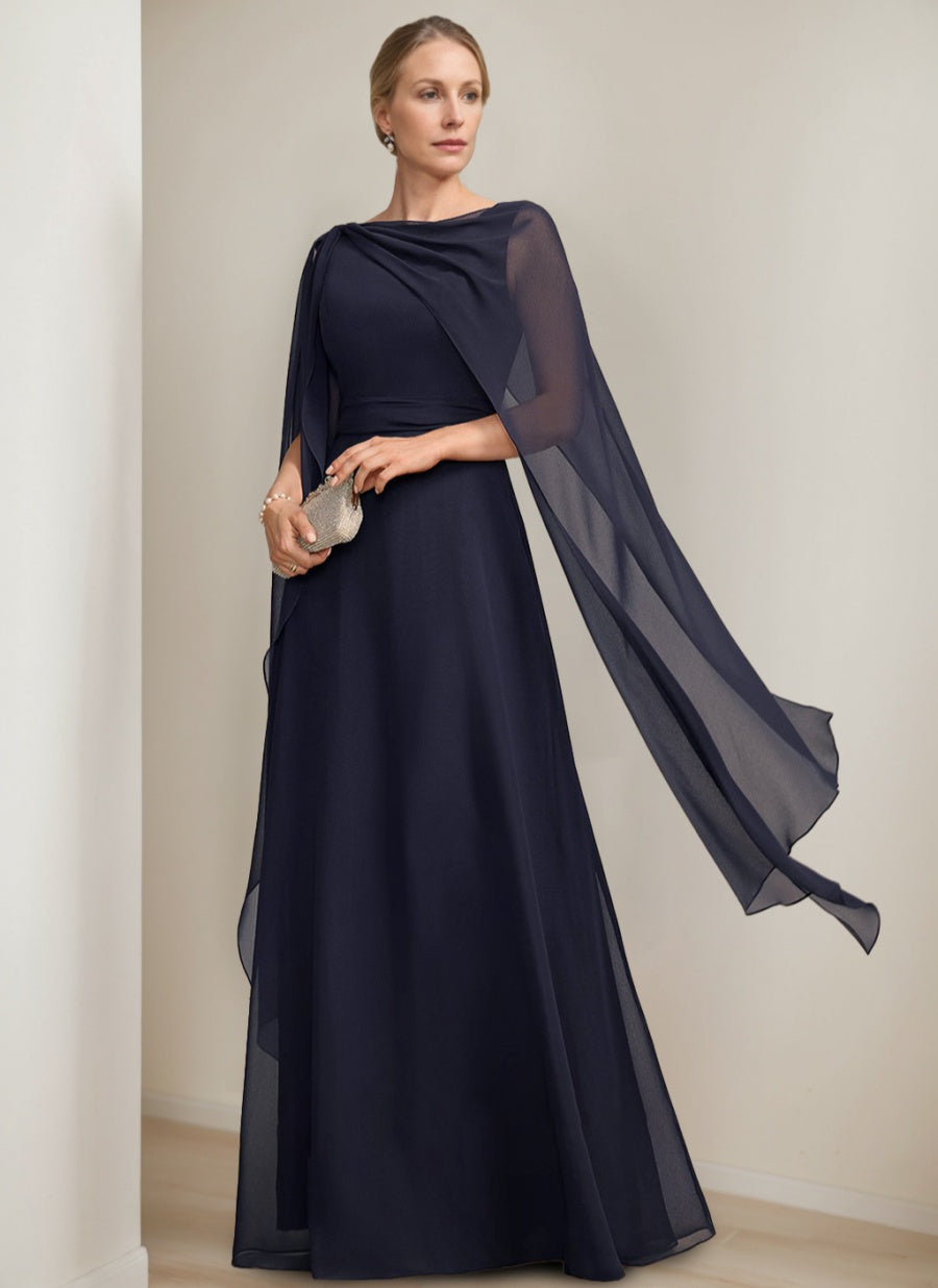 A-Line/Princess Scoop Floor-Length Cape Sleeves Mother Of The Bride Dresses With Bow & Ruffles BabaMila