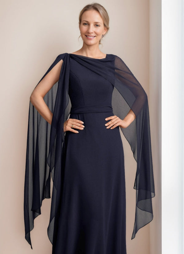 A-Line/Princess Scoop Floor-Length Cape Sleeves Mother Of The Bride Dresses With Bow & Ruffles BabaMila