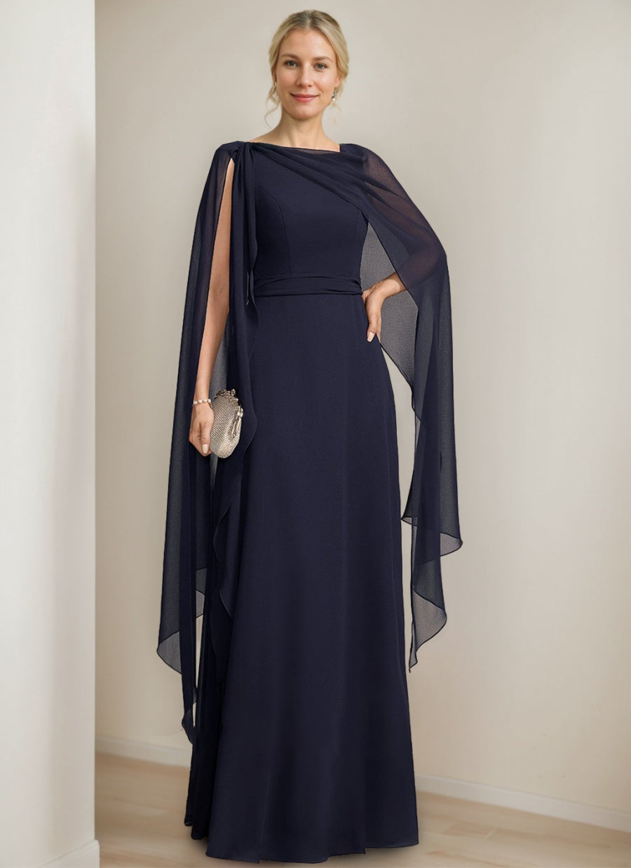 A-Line/Princess Scoop Floor-Length Cape Sleeves Mother Of The Bride Dresses With Bow & Ruffles BabaMila