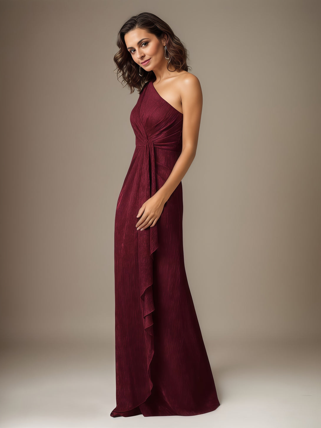 Sheath One-Shoulder Sleeveless Floor-Length Metallic Mesh Mother of the Bride Dress With Pleated/Cascading Ruffles BabaMila