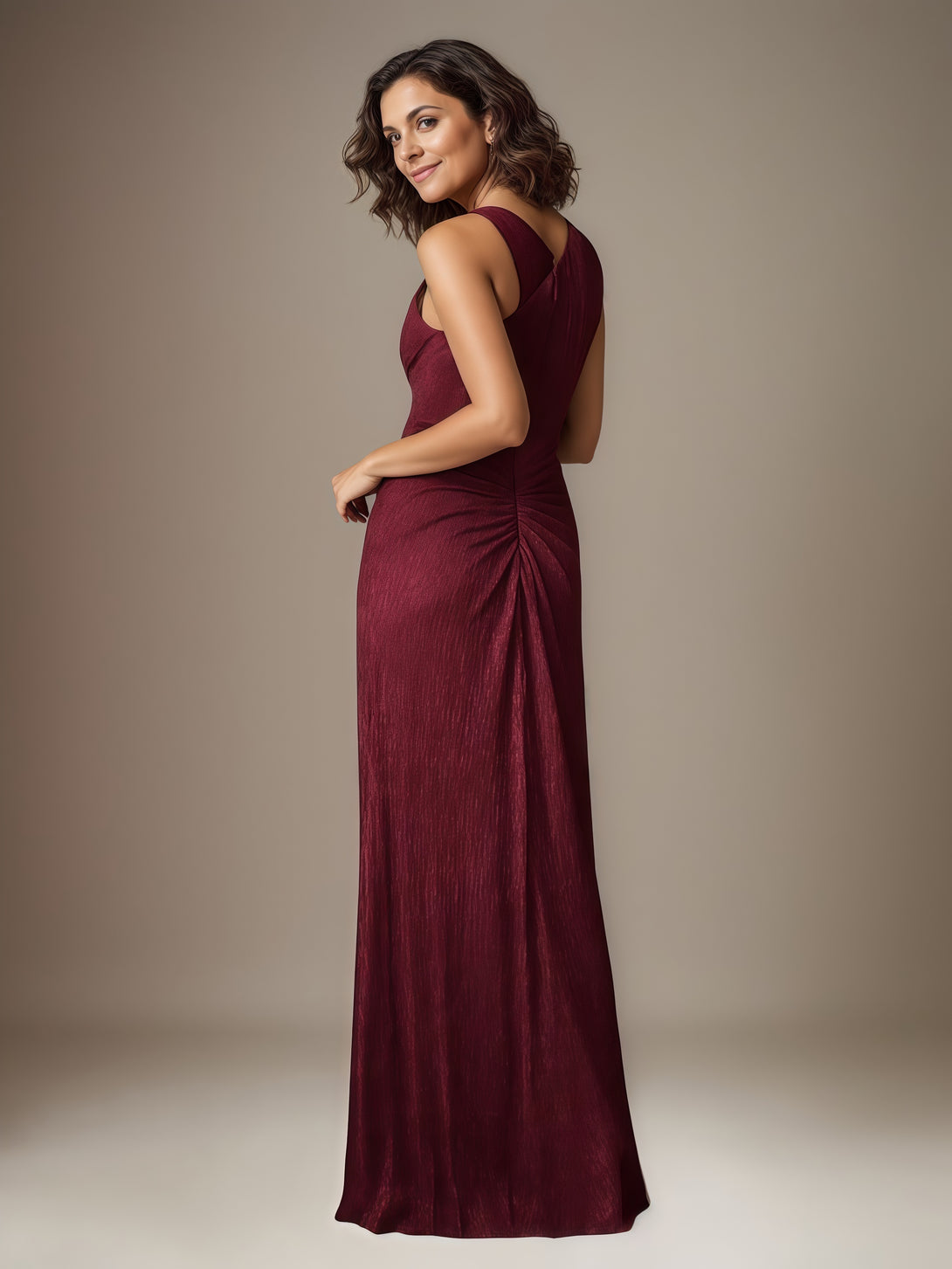 Sheath One-Shoulder Sleeveless Floor-Length Metallic Mesh Mother of the Bride Dress With Pleated/Cascading Ruffles BabaMila