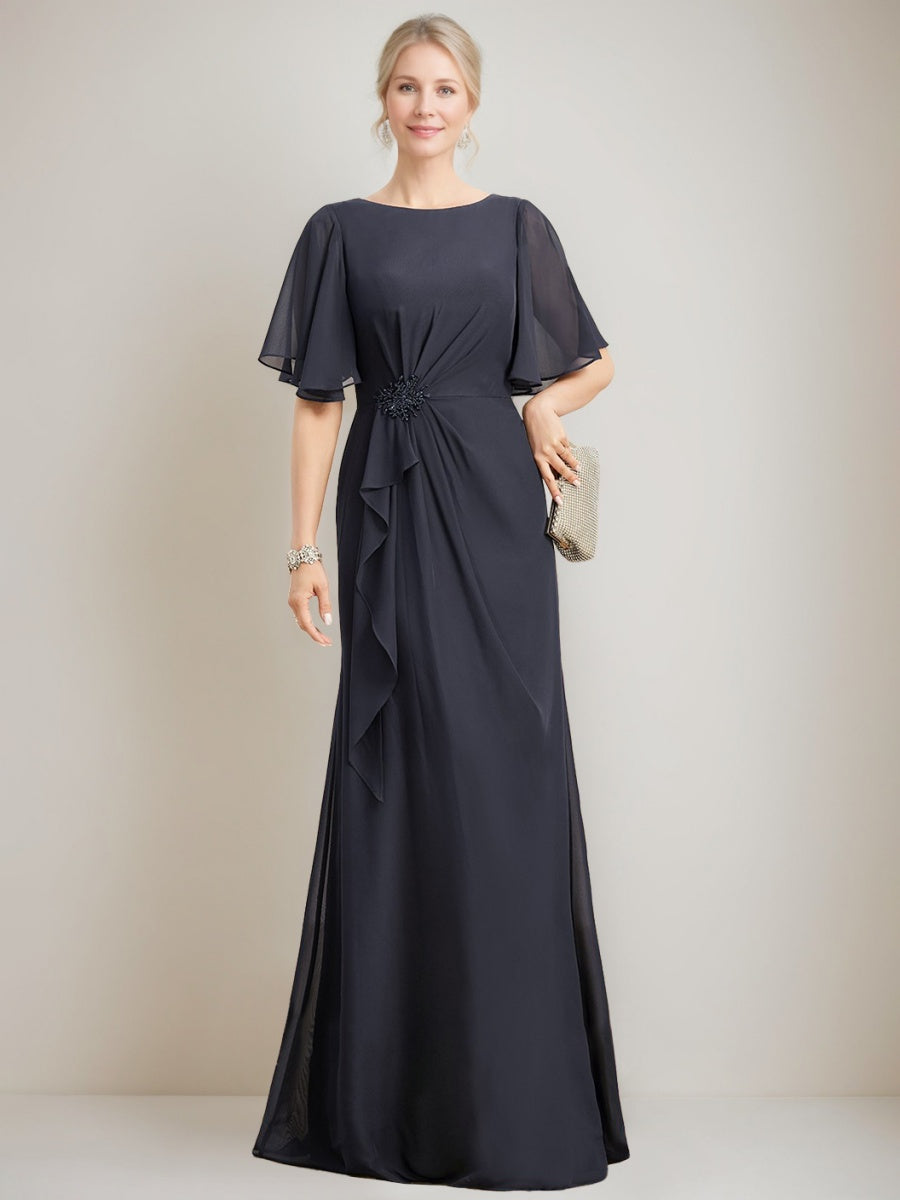 A-Line/Princess Jewel Neck Ruched Floor-Length Mother Of The Bride Dresses With Ruffles & Crystals & Beads BabaMila