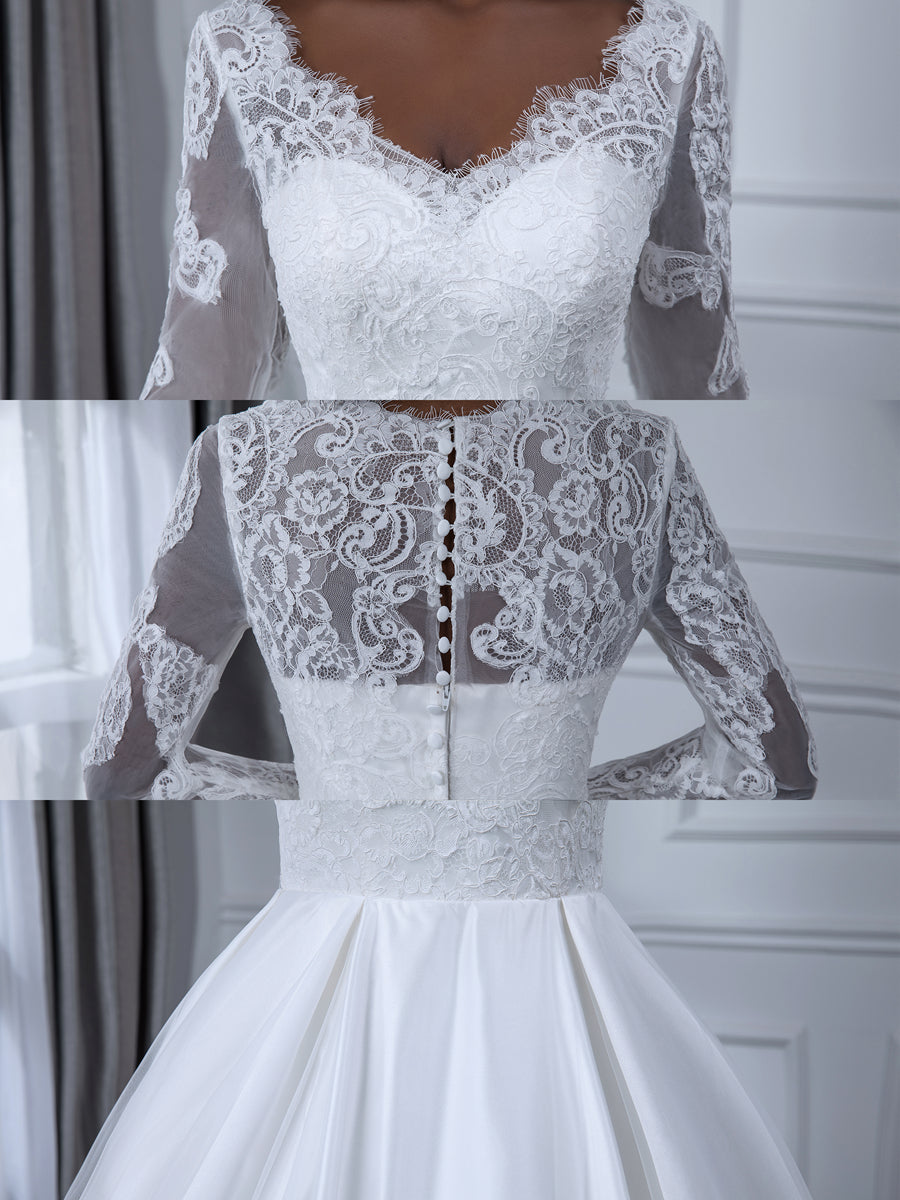 Ball Gown White V-Neck Long Sleeves Wedding Dresses with Appliques BabaMila