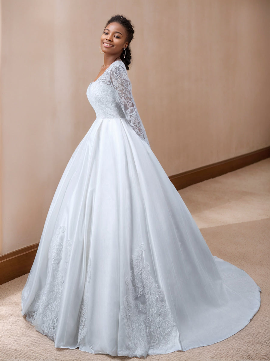 Ball Gown White V-Neck Long Sleeves Wedding Dresses with Appliques BabaMila