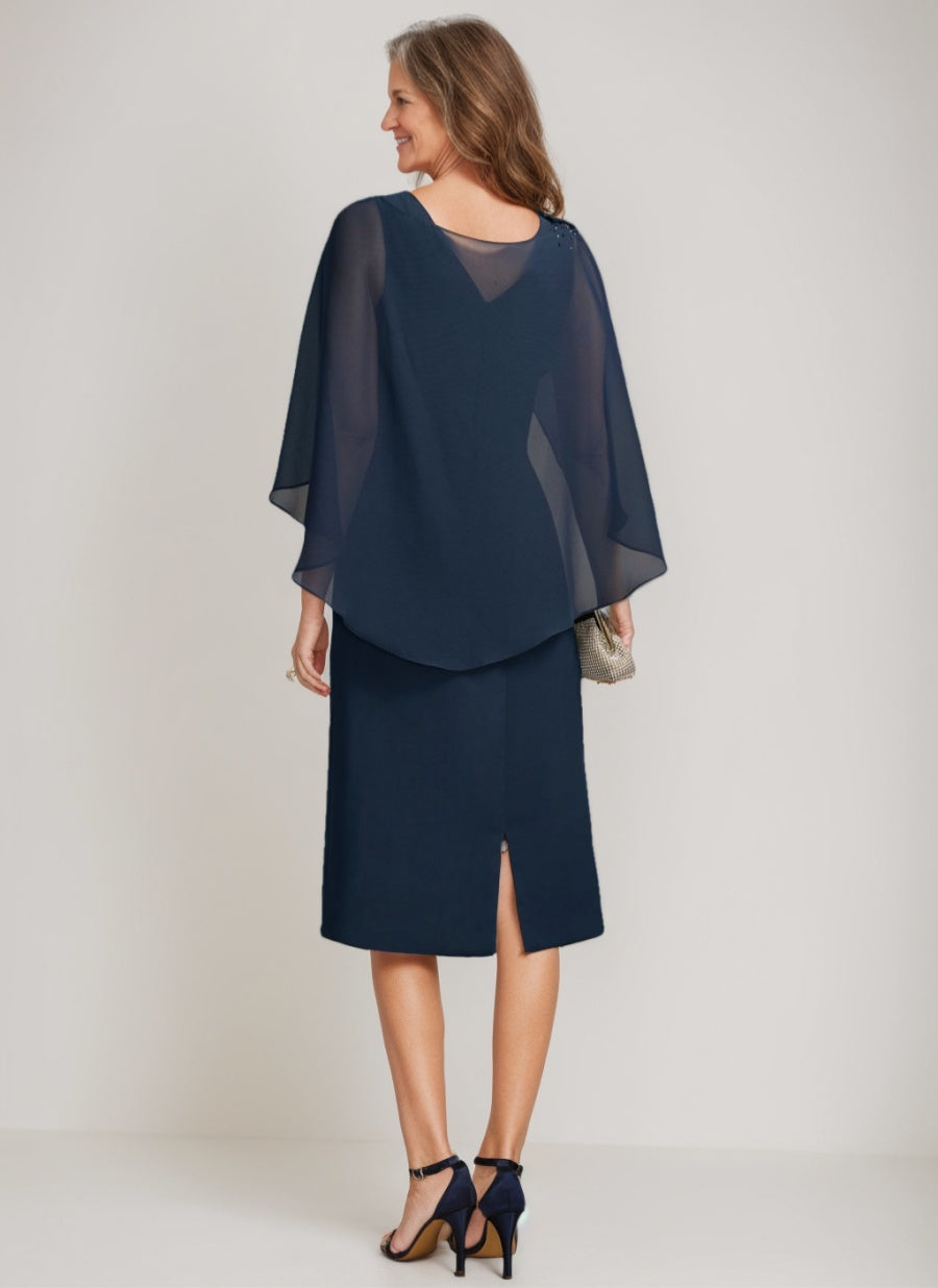 Sheath/Column Jewel Neck Tea-Length Mother Of The Bride Dresses With Detachable Cape & Ruffles & Beads BabaMila