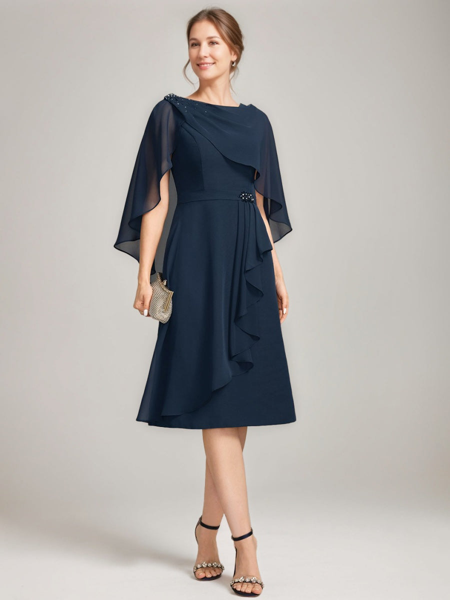 Sheath/Column Jewel Neck Tea-Length Mother Of The Bride Dresses With Detachable Cape & Ruffles & Beads BabaMila