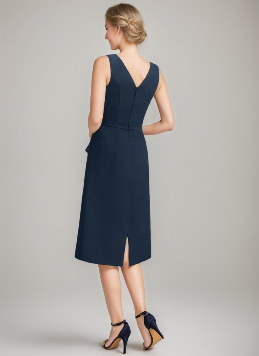 Sheath/Column Jewel Neck Tea-Length Mother Of The Bride Dresses With Detachable Cape & Ruffles & Beads BabaMila