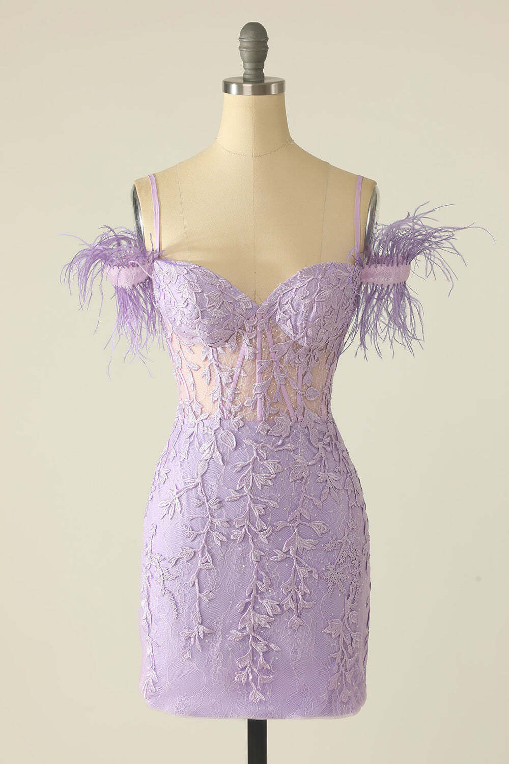 Sheath/Column Spaghetti Straps Off-the-Shoulder Homecoming Dresses with Feathers/Appliques BabaMila