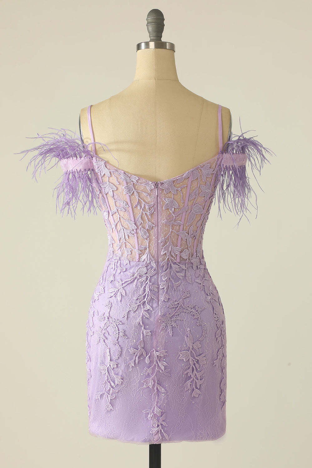 Sheath/Column Spaghetti Straps Off-the-Shoulder Homecoming Dresses with Feathers/Appliques BabaMila