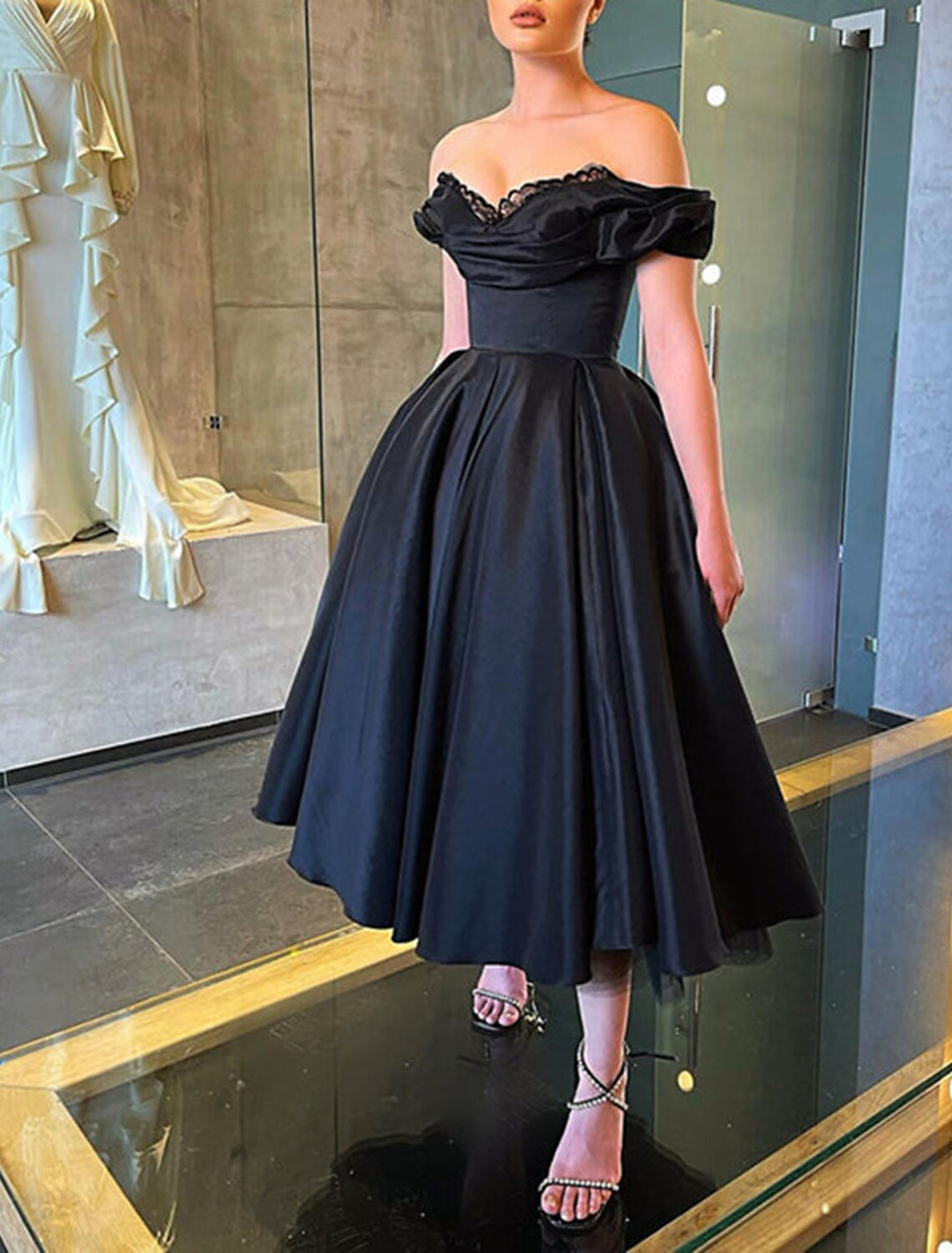 A-Line/Princess Off-the-Shoulder Tea-Length Prom Dresses With Lace BabaMila