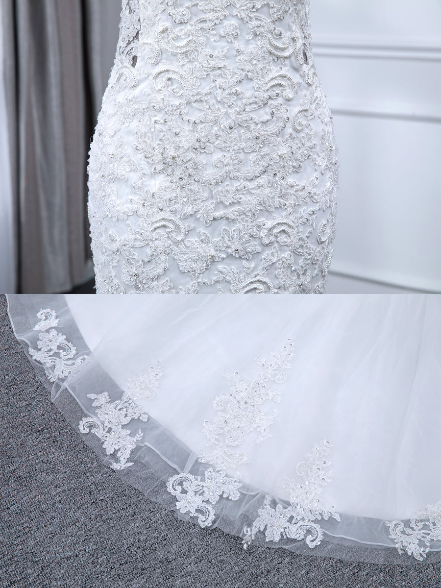Trumpet/Mermaid V-Neck Sleeveless Wedding Dresses with Lace Appliques BabaMila