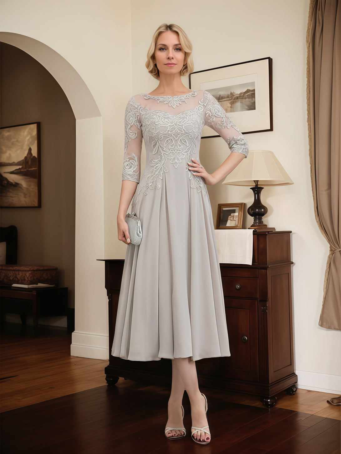 A-Line Illusion Boat Neck 3/4 Sleeve Tea-Length Lace/Chiffon Mother of the Bride Dress With Appliques BabaMila