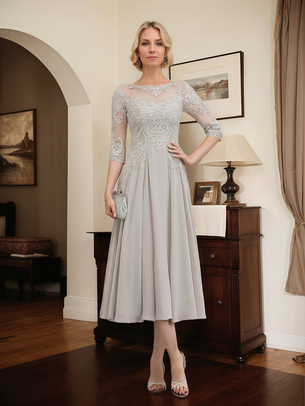 A-Line Illusion Boat Neck 3/4 Sleeve Tea-Length Lace/Chiffon Mother of the Bride Dress With Appliques BabaMila