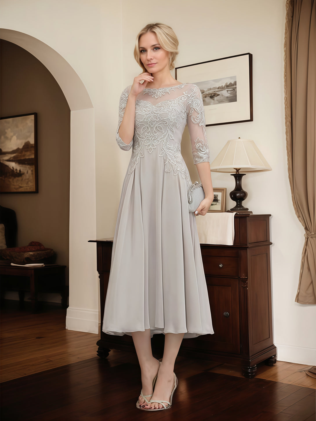 A-Line Illusion Boat Neck 3/4 Sleeve Tea-Length Lace/Chiffon Mother of the Bride Dress With Appliques BabaMila