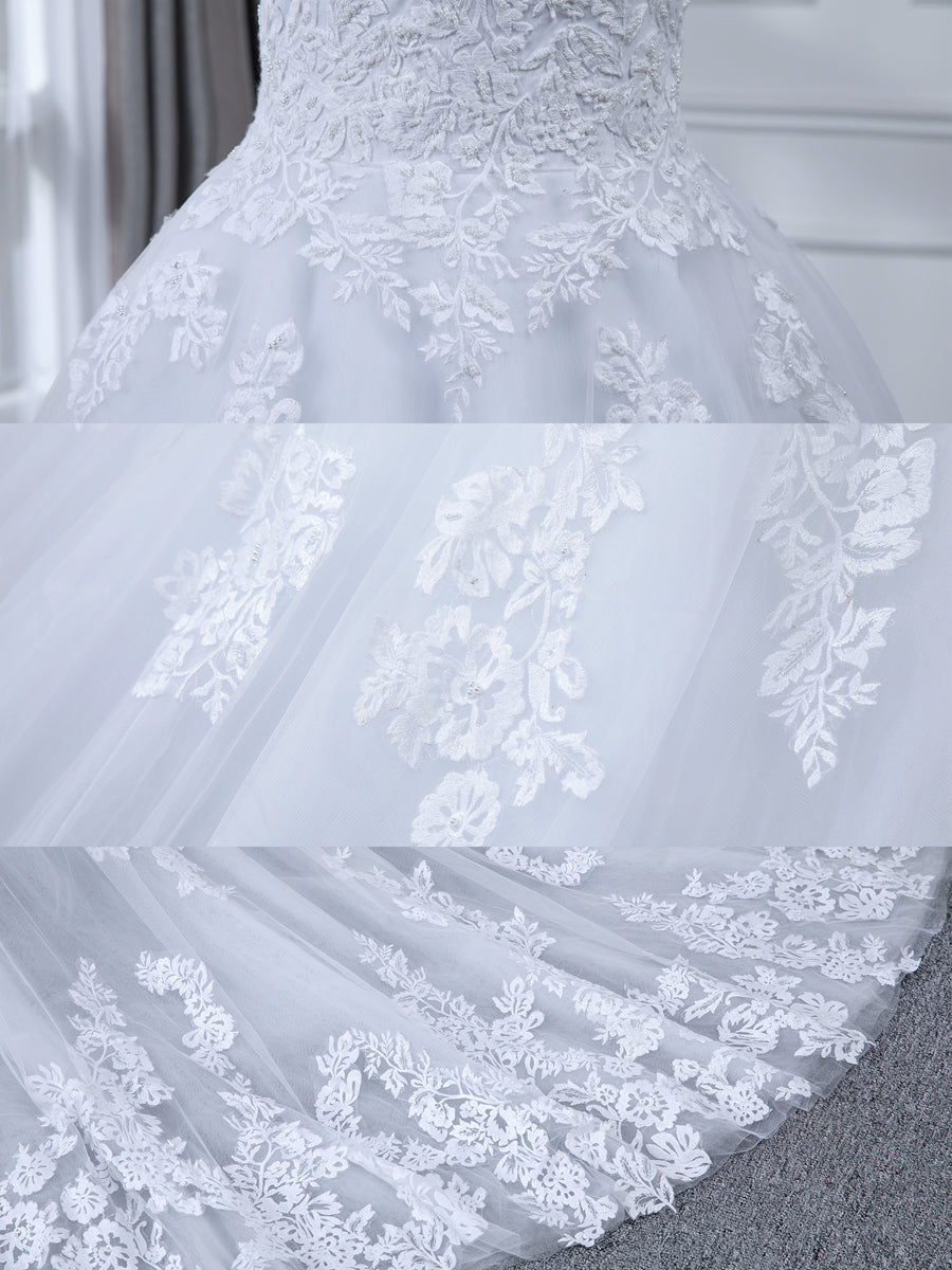 A-Line/Princess Round Neck Long Sleeves Wedding Dresses with Lace Appliques BabaMila