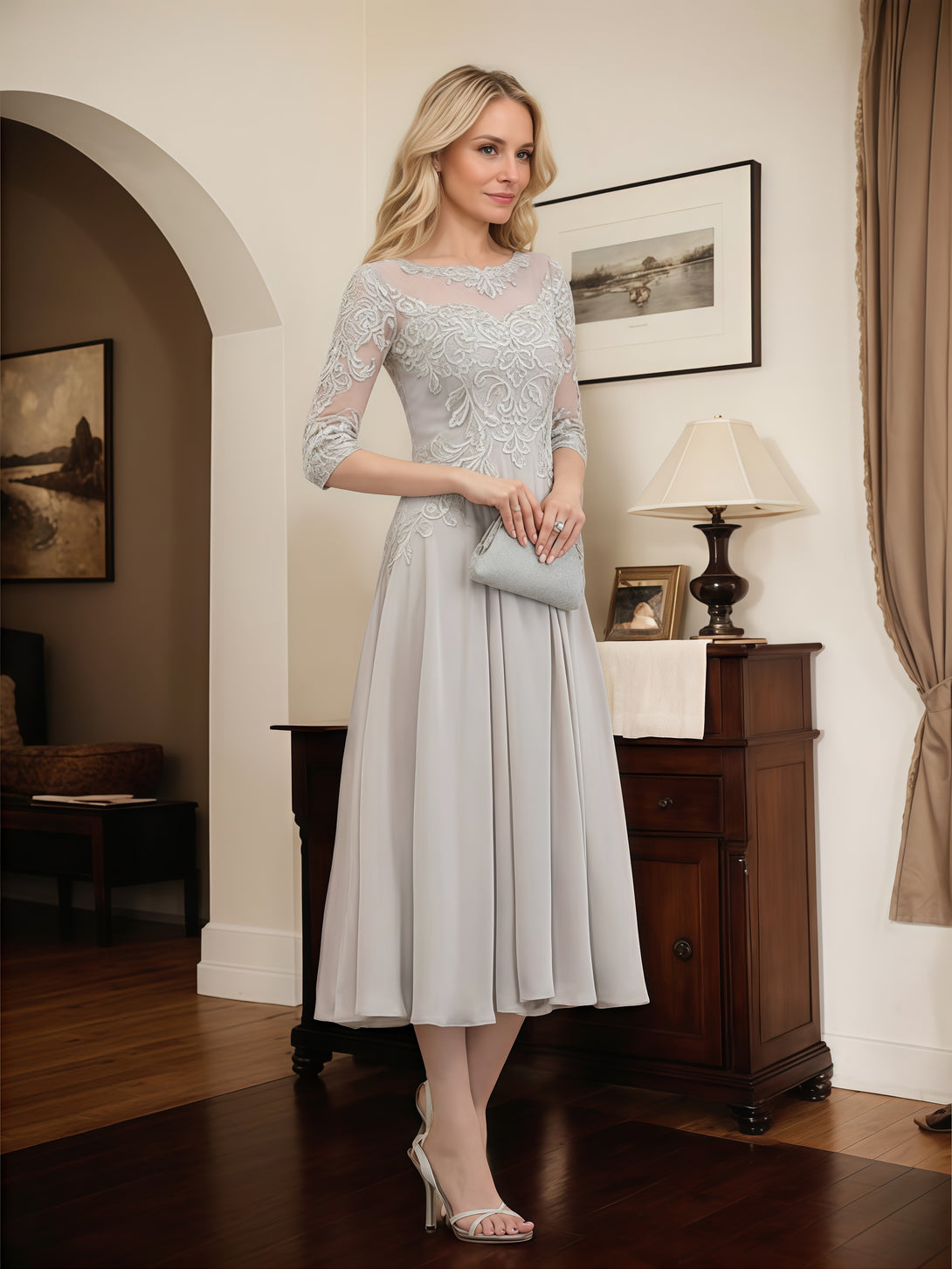 A-Line Illusion Boat Neck 3/4 Sleeve Tea-Length Lace/Chiffon Mother of the Bride Dress With Appliques BabaMila