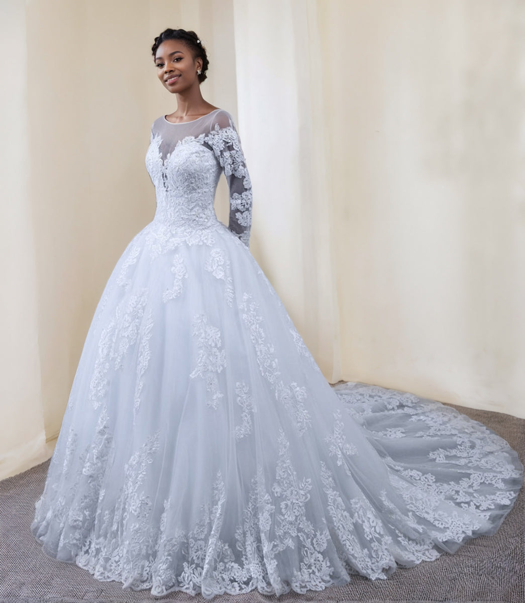 A-Line/Princess Round Neck Long Sleeves Wedding Dresses with Lace Appliques BabaMila
