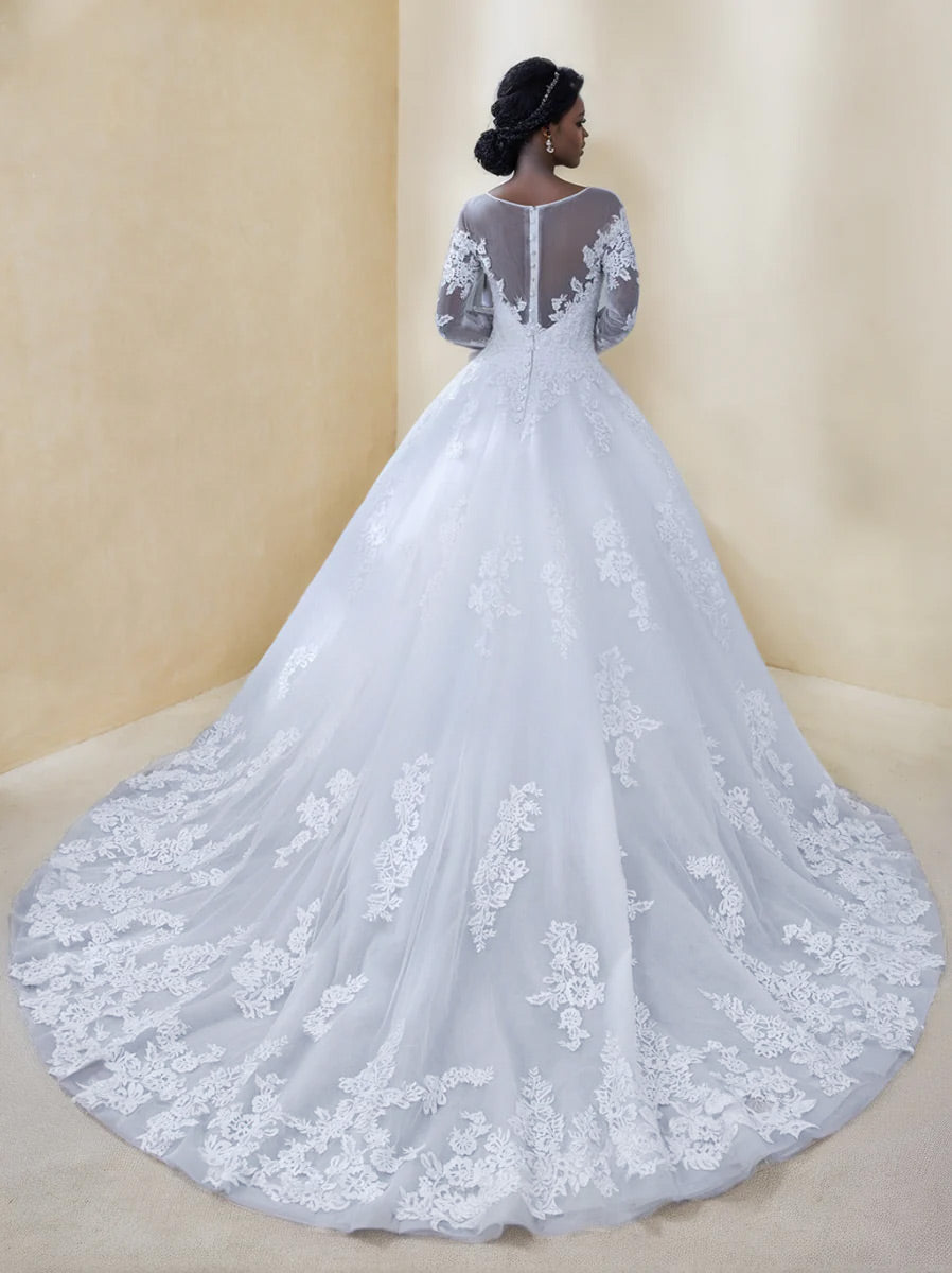 A-Line/Princess Round Neck Long Sleeves Wedding Dresses with Lace Appliques BabaMila