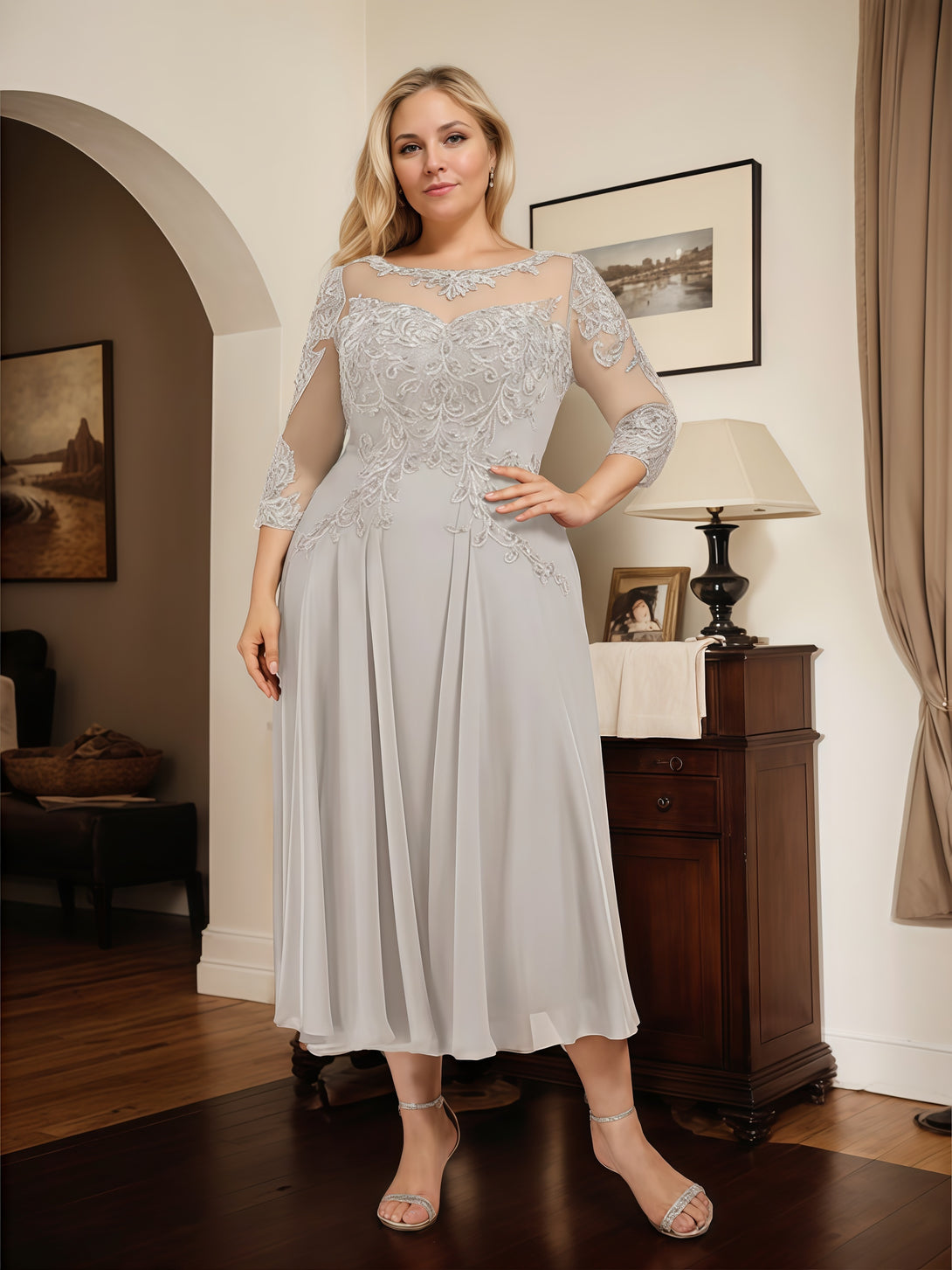A-Line Illusion Boat Neck 3/4 Sleeve Tea-Length Lace/Chiffon Mother of the Bride Dress With Appliques BabaMila