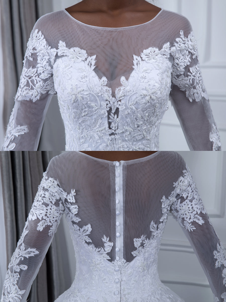 A-Line/Princess Round Neck Long Sleeves Wedding Dresses with Lace Appliques BabaMila