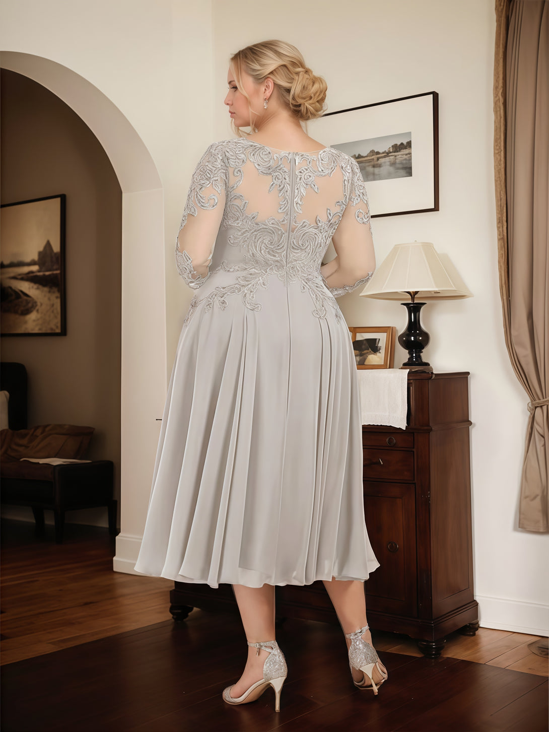 A-Line Illusion Boat Neck 3/4 Sleeve Tea-Length Lace/Chiffon Mother of the Bride Dress With Appliques BabaMila