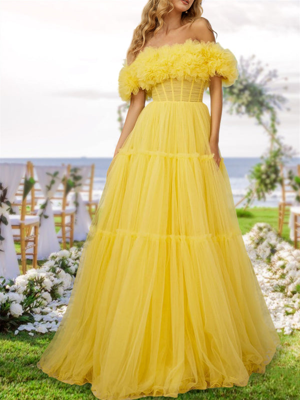 A-Line/Princess Off-the-Shoulder Long Tulle Prom Evening Party Dresses with Ruffles BabaMila