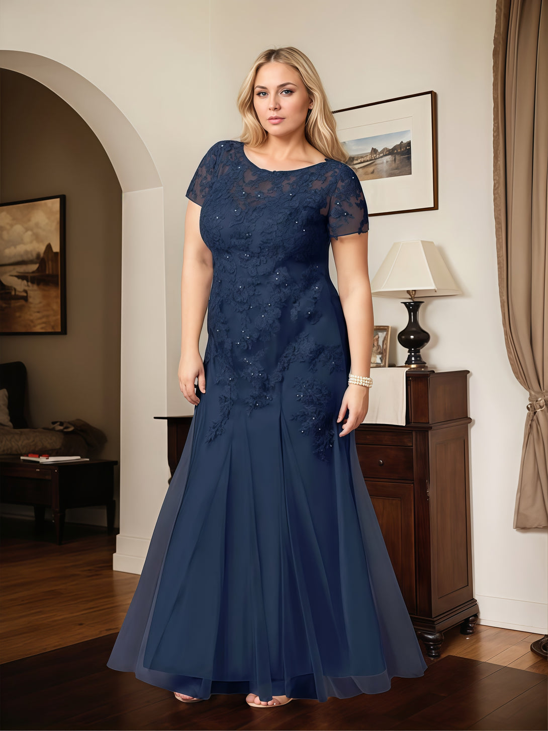 Mermaid Illusion Boat Neck Short Sleeve Floor-Length Lace/Chiffon Mother of the Bride Dress With Appliques/Beads BabaMila