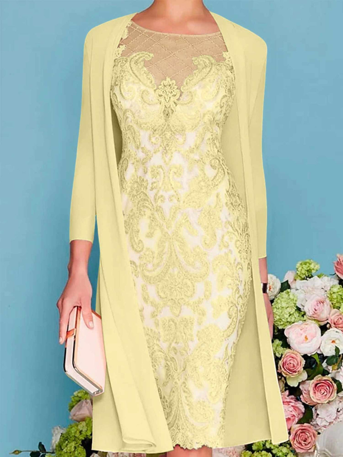 Sheath/Column Scoop Long Sleeves Knee-Length Mother Of The Bride Dresses With Lace Beading Appliques BabaMila