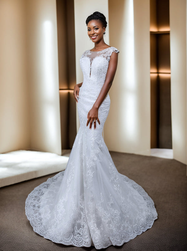 Trumpet/Mermaid Tulle Sheer Neck Sleeveless Wedding Dresses with Lace Appliques BabaMila