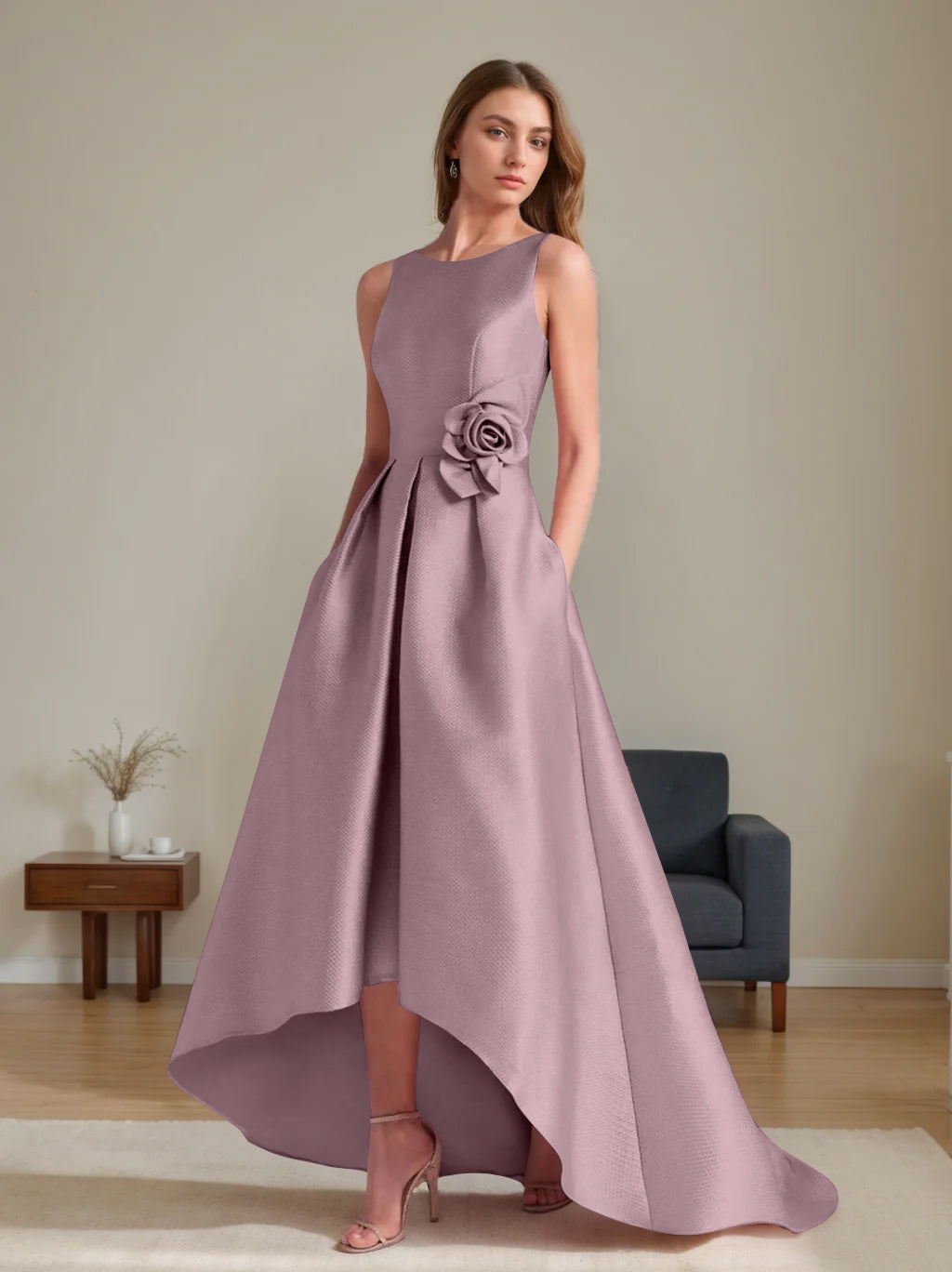 A-Line/Princess Scoop Sleeveless Asymmetrical Mother Of The Bride & Groom Dresses With Flowers BabaMila