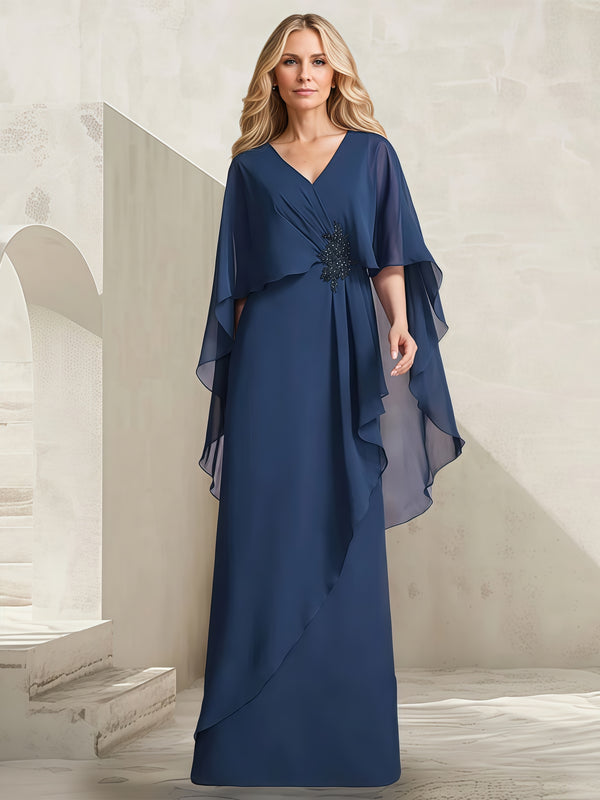 V-Neck A-Line Cape Floor-Length Chiffon Mother of the Bride Dress With Pleated/Beads BabaMila