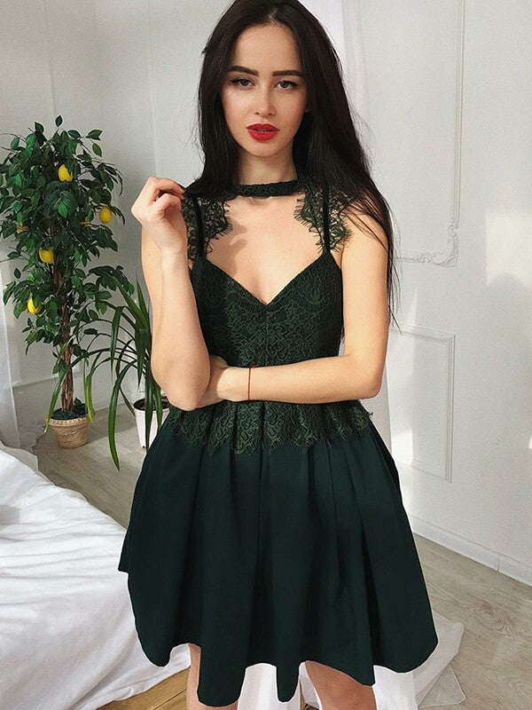 A-Line V-Neck Appliques Satin Homecoming Dresses With Lace BabaMila